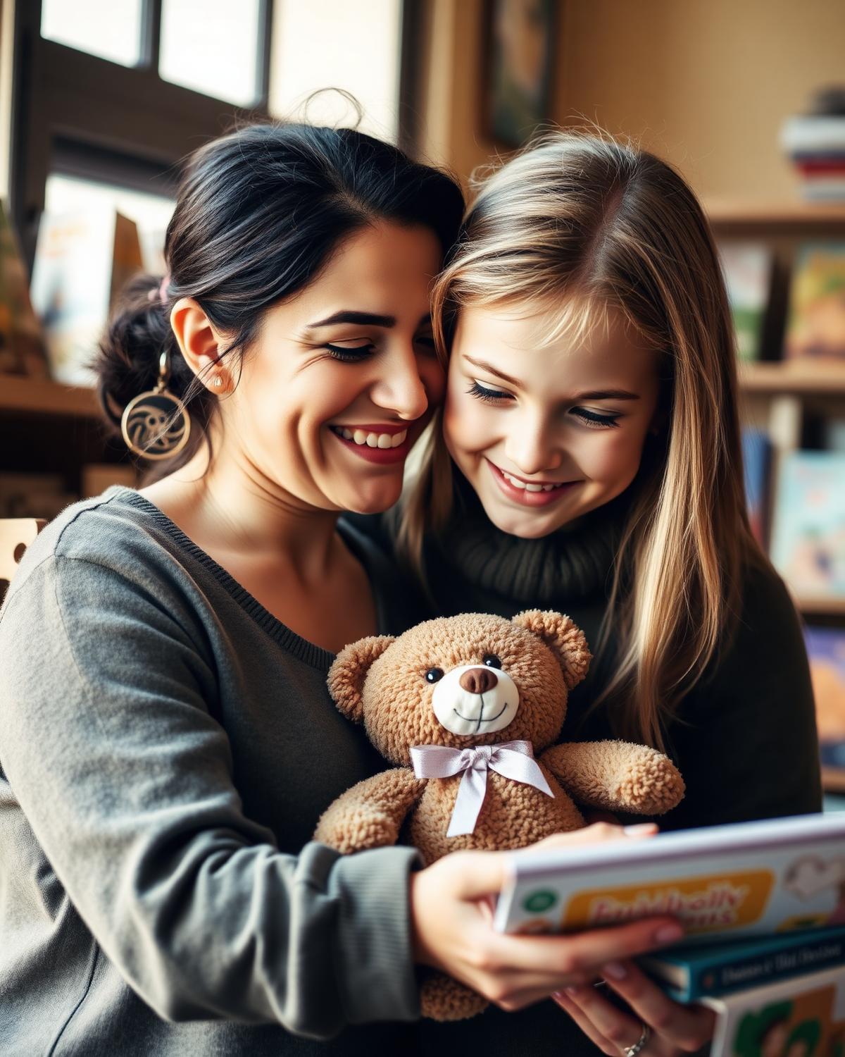 A mother and child smiling at a teddy bear and books inside the 2nd Chance shop