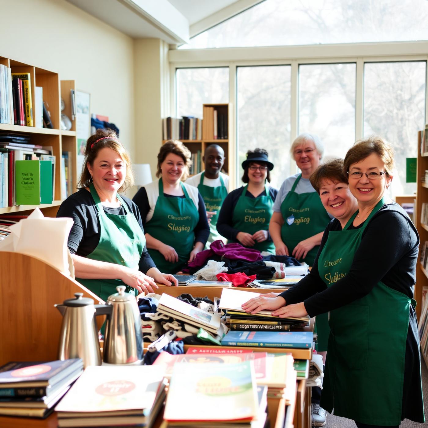A team of 2nd Chance volunteers in green aprons sorting donations together